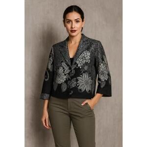 Chico's Women's Black and Silver Floral Embroidered Jacket